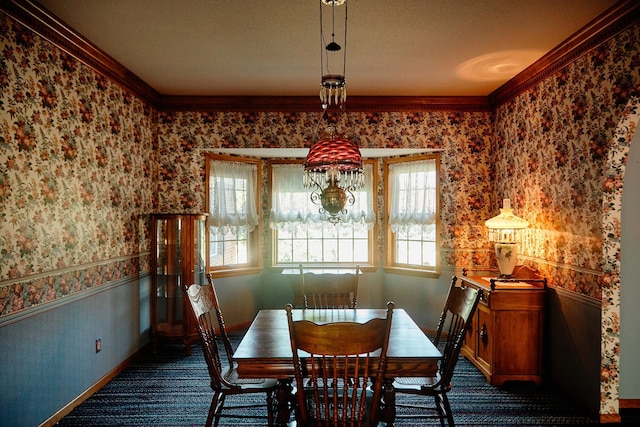 16865 Terrey Pine Dr, Eden Prairie, MN 55347 - dining area with wallpapered walls, baseboards, ornamental molding, dark carpet, and wainscoting