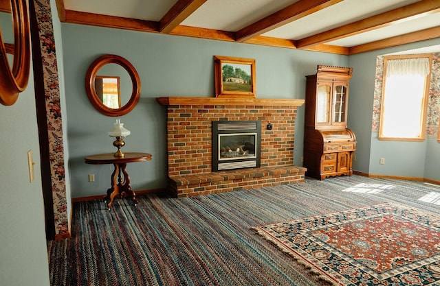 16865 Terrey Pine Dr, Eden Prairie, MN 55347 - carpeted living area with beam ceiling, baseboards, and a brick fireplace