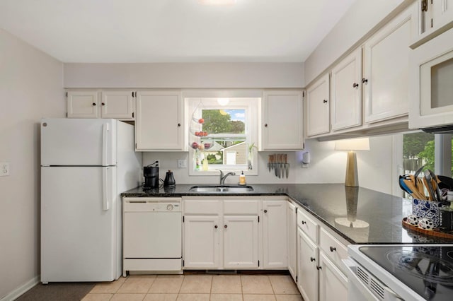 3214 Blaisdell Ave, Minneapolis, MN 55408 - kitchen with white appliances, a sink, white cabinets, and light tile patterned floors