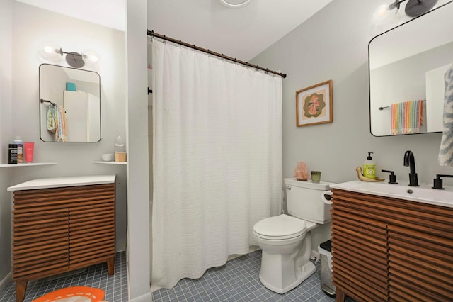 3214 Blaisdell Ave, Minneapolis, MN 55408 - bathroom featuring toilet, tile patterned floors, vanity, and curtained shower