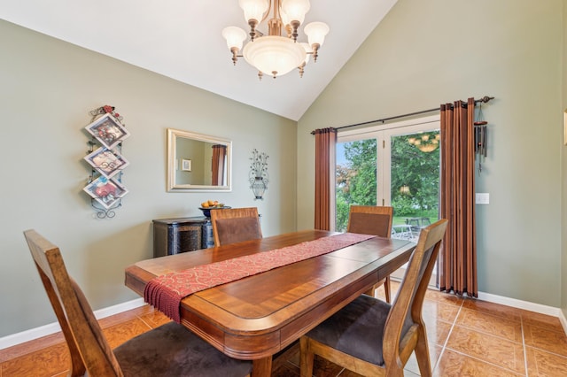 27180 Lakewood Dr NW, Stanford Twp, MN 55040 - dining space featuring a chandelier, baseboards, high vaulted ceiling, and light tile patterned floors