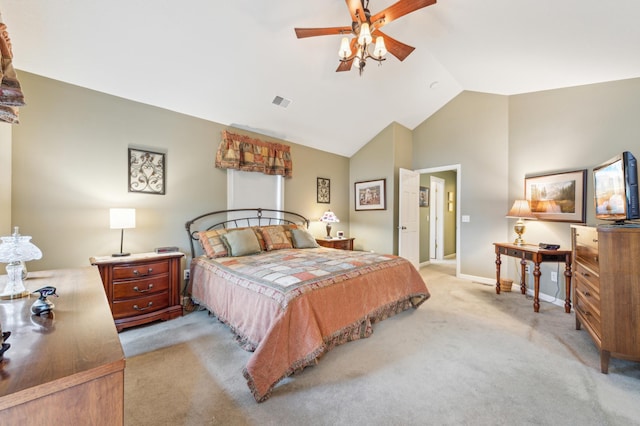 27180 Lakewood Dr NW, Stanford Twp, MN 55040 - bedroom with light carpet, lofted ceiling, a ceiling fan, and baseboards