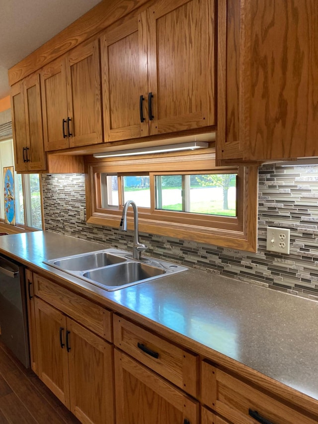 875 20th St, Windom, MN 56101 - kitchen featuring a sink, decorative backsplash, dishwasher, and dark wood-type flooring