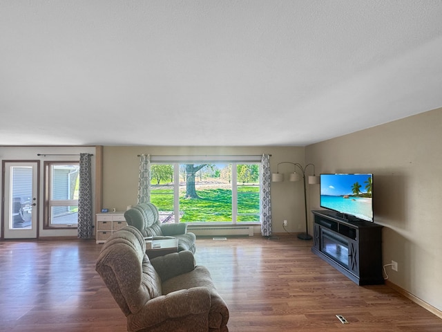 1539 111th St, Slayton Twp, MN 56172 - living room featuring wood finished floors, a baseboard radiator, and baseboards