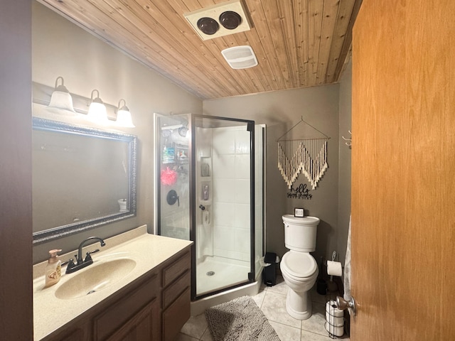 1539 111th St, Slayton Twp, MN 56172 - bathroom with wood ceiling, toilet, tile patterned floors, a stall shower, and vanity
