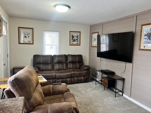 carpeted living area with wooden walls and a textured ceiling