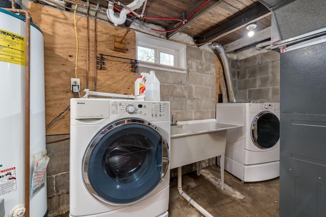 5433 511th Street Way, Kenyon Twp, MN 55946 - laundry room with water heater, washer and dryer, and concrete block wall