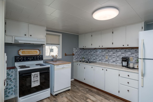 5433 511th Street Way, Kenyon Twp, MN 55946 - kitchen with white appliances, under cabinet range hood, light countertops, wood finished floors, and backsplash
