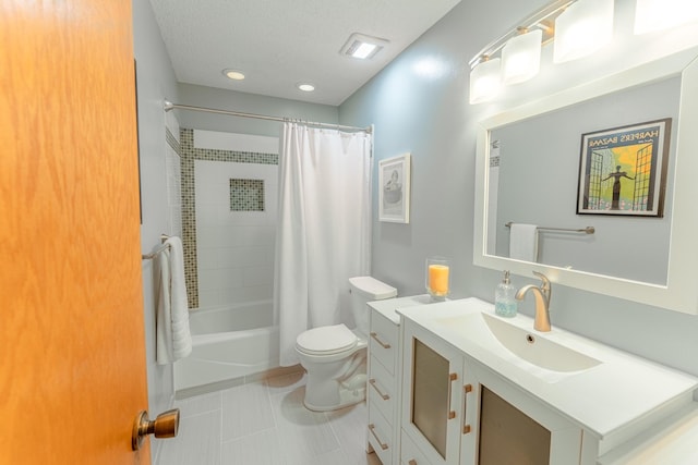 1434 Benson Blvd E, Stillwater, MN 55082 - bathroom with vanity, toilet, shower / bath combo with shower curtain, tile patterned floors, and recessed lighting