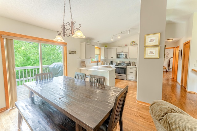1434 Benson Blvd E, Stillwater, MN 55082 - dining space featuring healthy amount of natural light, light wood-style floors, track lighting, a chandelier, and a textured ceiling
