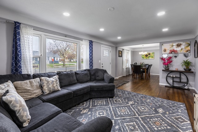5548 34th Ave S, Minneapolis, MN 55417 - living area with wood finished floors, recessed lighting, baseboards, and a chandelier