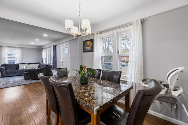 5548 34th Ave S, Minneapolis, MN 55417 - dining area featuring a chandelier, dark wood-style flooring, baseboards, and recessed lighting
