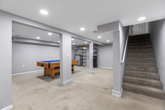 5548 34th Ave S, Minneapolis, MN 55417 - finished basement with carpet floors, recessed lighting, baseboards, stairs, and billiards
