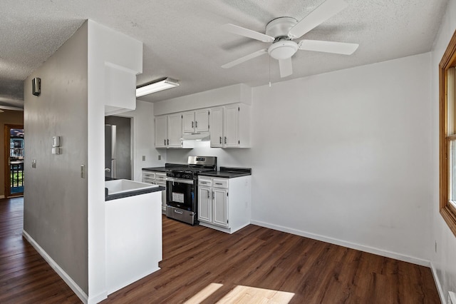 10276 Hanson Blvd NW, Coon Rapids, MN 55433 - kitchen with gas stove, a textured ceiling, white cabinets, ceiling fan, and dark wood-style flooring