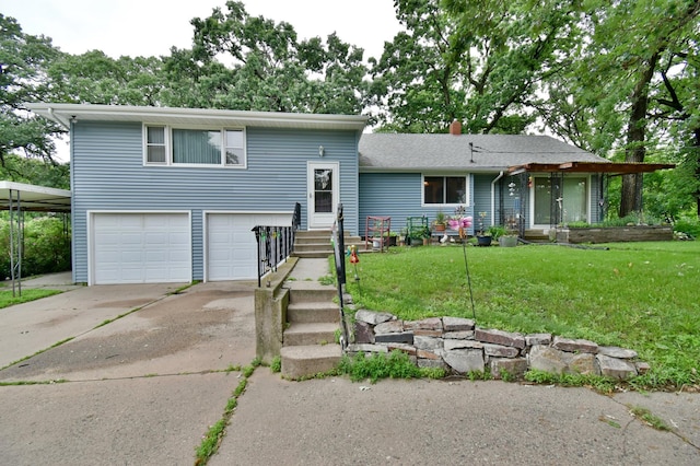 1300 10th St NE, Sauk Rapids Twp, MN 56379 - split level home featuring an attached garage, concrete driveway, a front yard, and a chimney