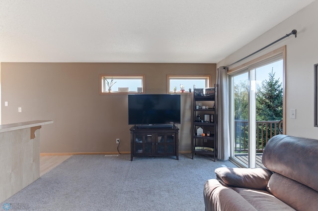 living area with light carpet and baseboards