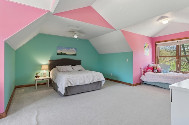 6715 Eldorado Way, Leon Twp, MN 55009 - bedroom with lofted ceiling, carpet flooring, baseboards, and a ceiling fan