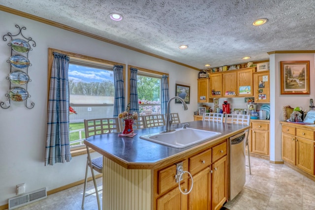 33397 Pickerel View Dr, Richville, MN 56576 - kitchen featuring a sink, stainless steel dishwasher, ornamental molding, a kitchen island with sink, and baseboards