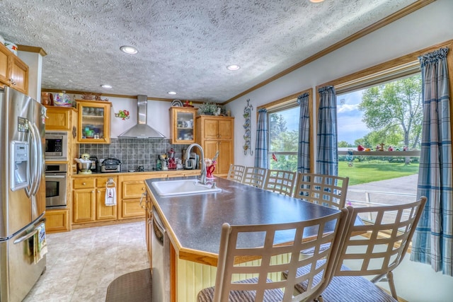33397 Pickerel View Dr, Richville, MN 56576 - kitchen featuring wall chimney range hood, appliances with stainless steel finishes, a sink, crown molding, and decorative backsplash