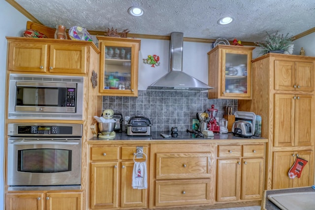33397 Pickerel View Dr, Richville, MN 56576 - kitchen with appliances with stainless steel finishes, wall chimney exhaust hood, ornamental molding, a textured ceiling, and decorative backsplash