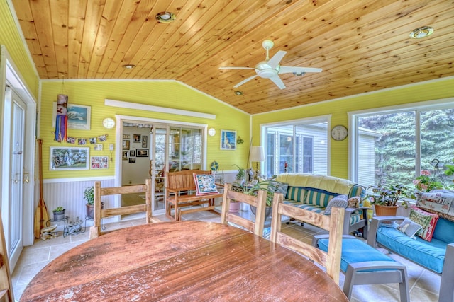 33397 Pickerel View Dr, Richville, MN 56576 - tiled dining area with vaulted ceiling, plenty of natural light, wood ceiling, and ceiling fan