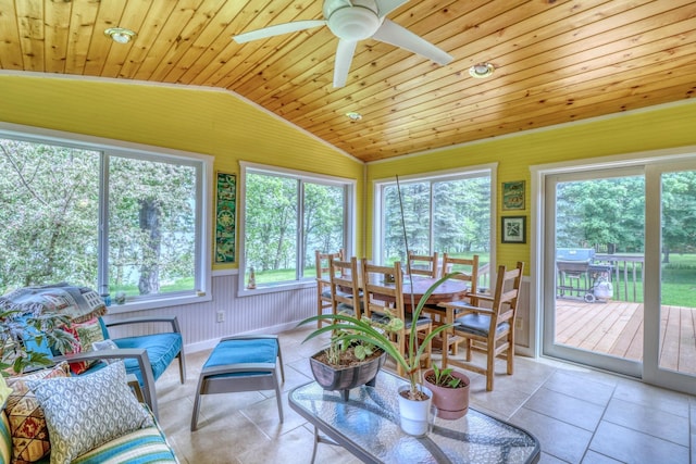 33397 Pickerel View Dr, Richville, MN 56576 - sunroom featuring lofted ceiling, wooden ceiling, tile patterned floors, a wooden deck, and wood walls