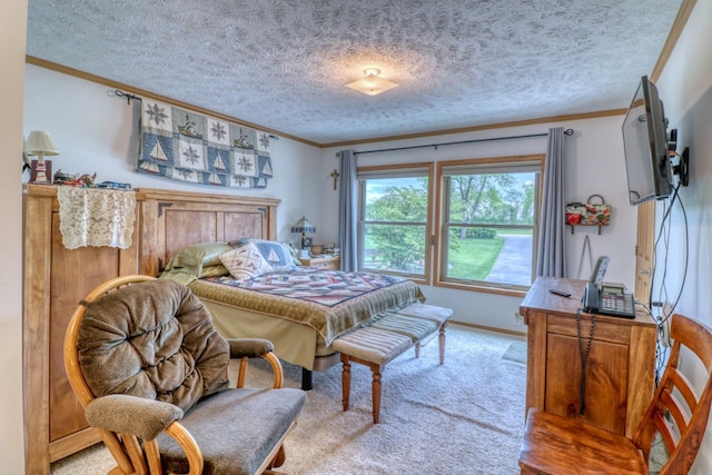 33397 Pickerel View Dr, Richville, MN 56576 - carpeted bedroom featuring crown molding, a textured ceiling, and baseboards