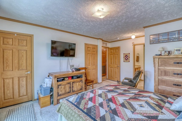 33397 Pickerel View Dr, Richville, MN 56576 - carpeted bedroom with a textured ceiling, ornamental molding, and connected bathroom