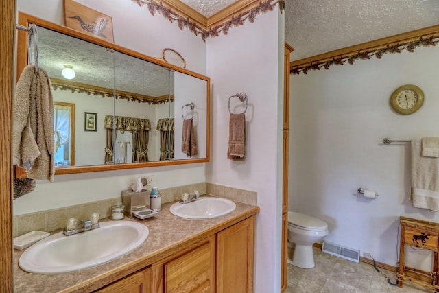 33397 Pickerel View Dr, Richville, MN 56576 - full bath with a textured ceiling, toilet, double vanity, a shower with shower door, and tile patterned floors