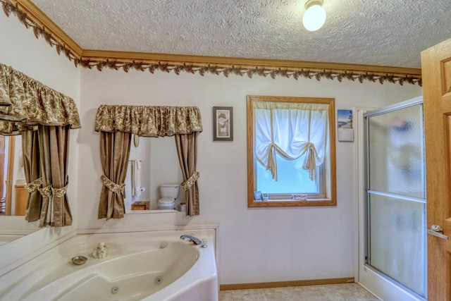 33397 Pickerel View Dr, Richville, MN 56576 - bathroom with a textured ceiling, a shower stall, a whirlpool tub, and baseboards