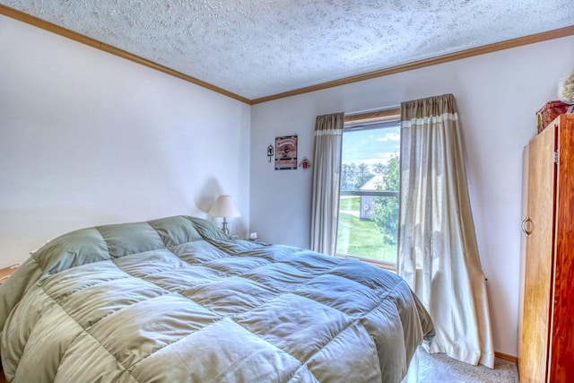 33397 Pickerel View Dr, Richville, MN 56576 - bedroom featuring carpet, a textured ceiling, and crown molding