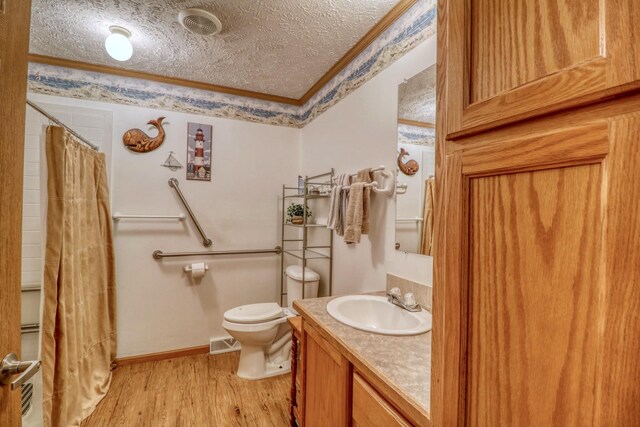 33397 Pickerel View Dr, Richville, MN 56576 - bathroom with wood finished floors, vanity, toilet, a textured ceiling, and baseboards