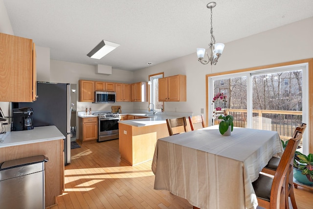 kitchen featuring stainless steel appliances, light wood finished floors, healthy amount of natural light, a chandelier, and a textured ceiling