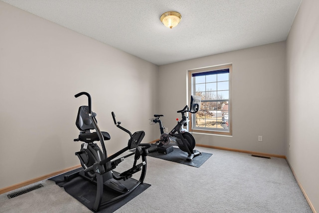 exercise room with carpet floors, baseboards, and a textured ceiling
