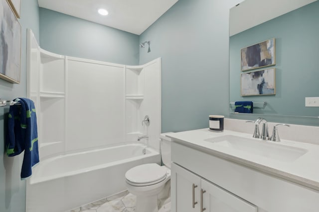 full bath featuring toilet, shower / bath combination, and vanity