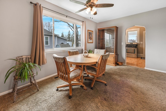 110 7th St SE, Little Falls, MN 56345 - carpeted dining space featuring a ceiling fan, arched walkways, and baseboards