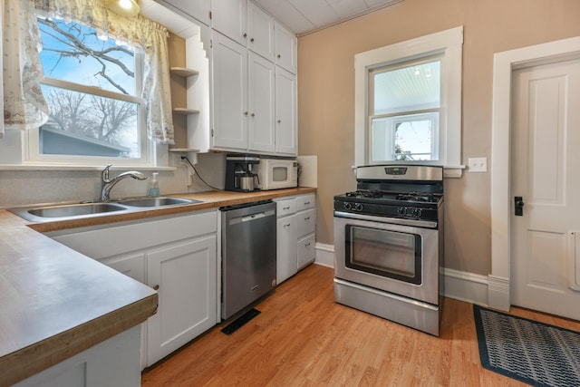 110 7th St SE, Little Falls, MN 56345 - kitchen with appliances with stainless steel finishes, a sink, open shelves, white cabinets, and healthy amount of natural light