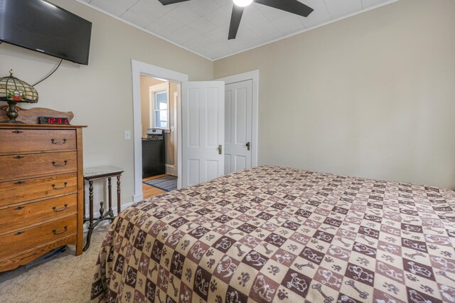 110 7th St SE, Little Falls, MN 56345 - bedroom with crown molding, light colored carpet, and a ceiling fan