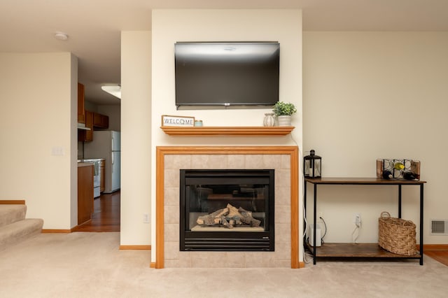 9277 Inland Ln N, Maple Grove, MN 55311 - detailed view of stove, a tiled fireplace, carpet, baseboards, and freestanding refrigerator
