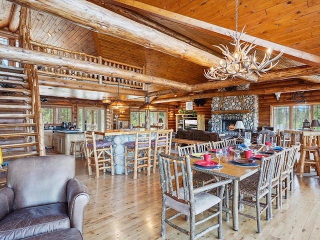 15464 Birch Narrows Rd, Crosslake, MN 56472 - dining space featuring log walls, beamed ceiling, light wood finished floors, a chandelier, and wood ceiling