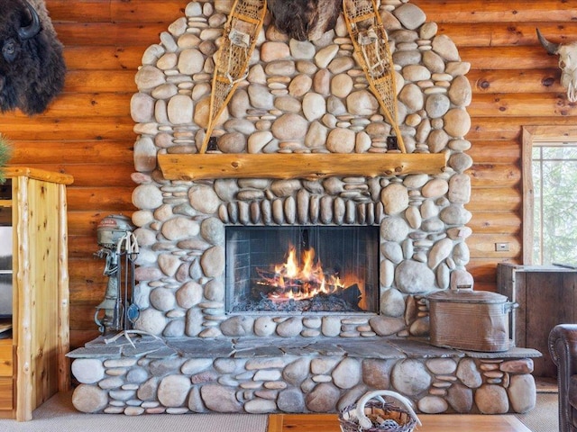 15464 Birch Narrows Rd, Crosslake, MN 56472 - detailed view of rustic walls and a fireplace