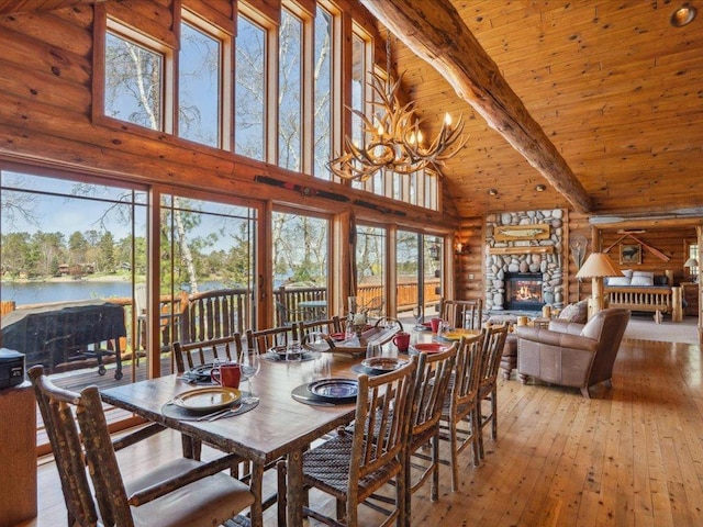 15464 Birch Narrows Rd, Crosslake, MN 56472 - dining room featuring log walls, wooden ceiling, light wood-type flooring, high vaulted ceiling, and beamed ceiling