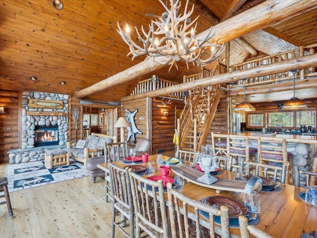 15464 Birch Narrows Rd, Crosslake, MN 56472 - dining area featuring log walls, wooden ceiling, beam ceiling, hardwood / wood-style floors, and a chandelier