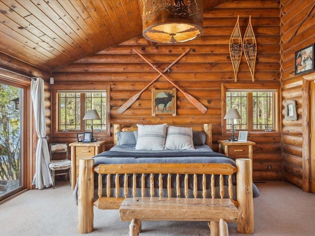 15464 Birch Narrows Rd, Crosslake, MN 56472 - bedroom featuring light carpet, vaulted ceiling, multiple windows, log walls, and wood ceiling