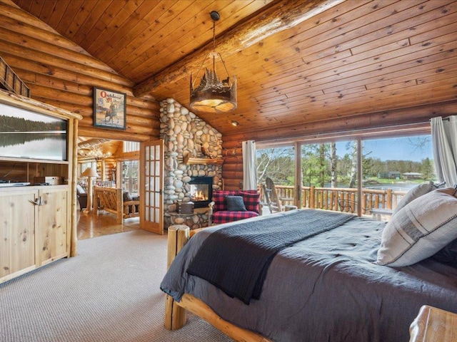 15464 Birch Narrows Rd, Crosslake, MN 56472 - bedroom featuring log walls, wooden ceiling, a fireplace, carpet flooring, and high vaulted ceiling