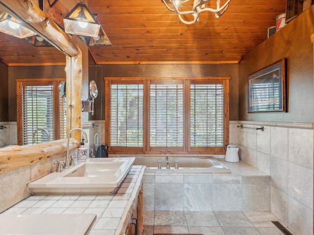 15464 Birch Narrows Rd, Crosslake, MN 56472 - full bathroom with wood ceiling, a garden tub, wainscoting, vaulted ceiling, and double vanity