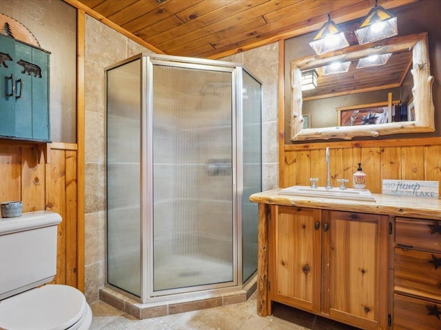 15464 Birch Narrows Rd, Crosslake, MN 56472 - full bathroom featuring wooden walls, a shower stall, toilet, wood ceiling, and tile patterned flooring