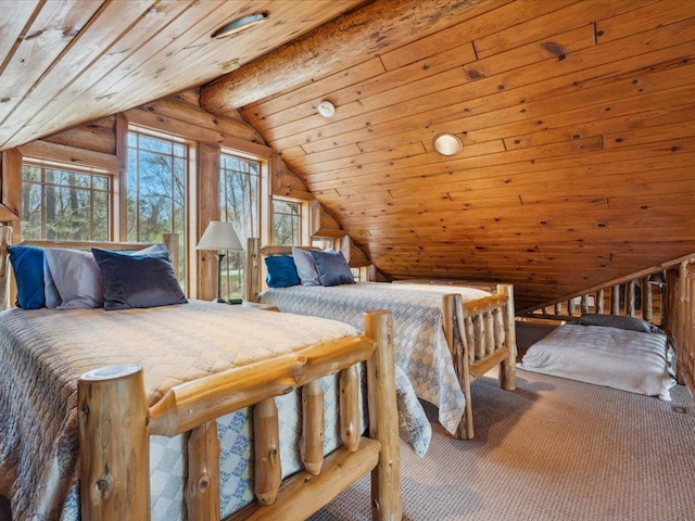 15464 Birch Narrows Rd, Crosslake, MN 56472 - carpeted bedroom with lofted ceiling and wooden ceiling