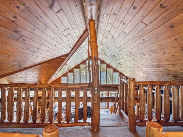 15464 Birch Narrows Rd, Crosslake, MN 56472 - additional living space with wooden ceiling, rustic walls, carpet flooring, and vaulted ceiling