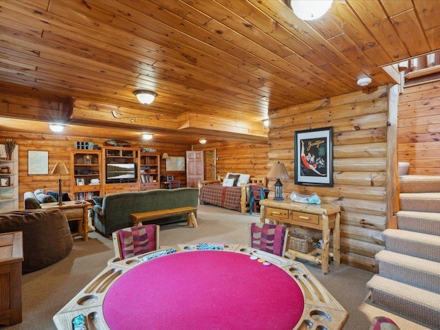 15464 Birch Narrows Rd, Crosslake, MN 56472 - playroom with carpet, rustic walls, and wooden ceiling